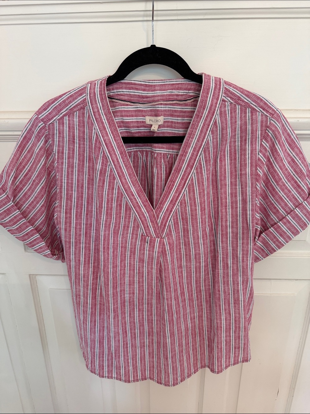 Pilcro Striped Pink V-Neck Short Sleeve Top